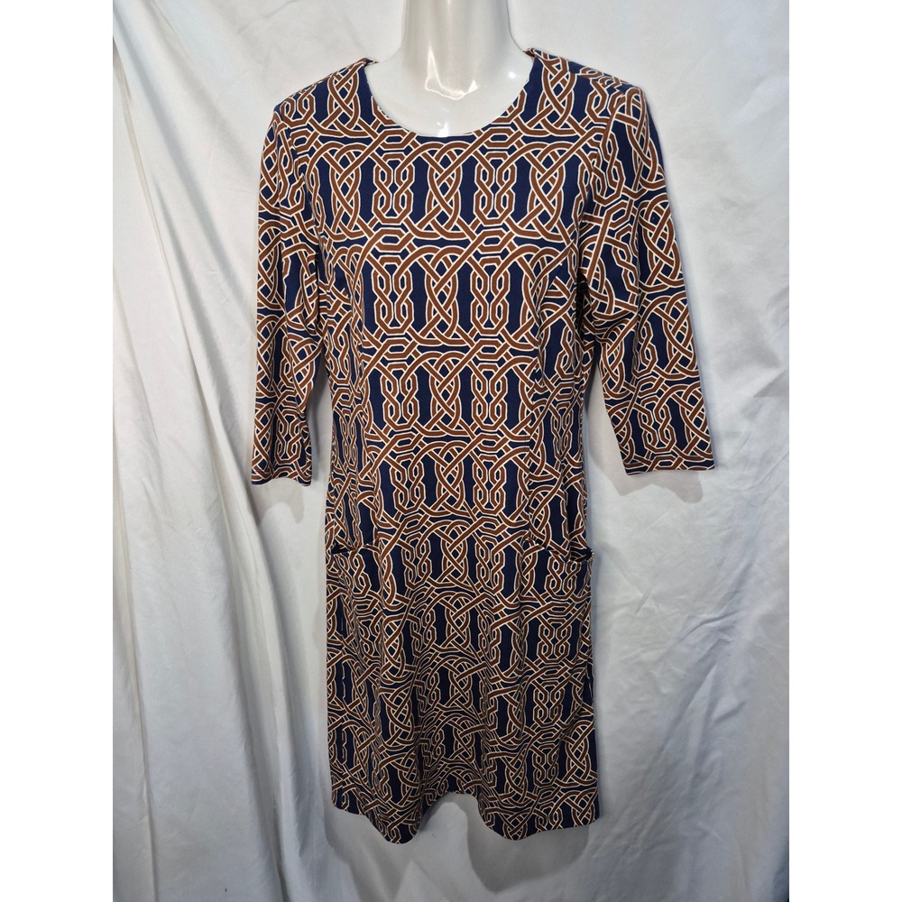J.McLaughlin Catalina Cloth Geometric Print Sheath Dress Navy Brown Small